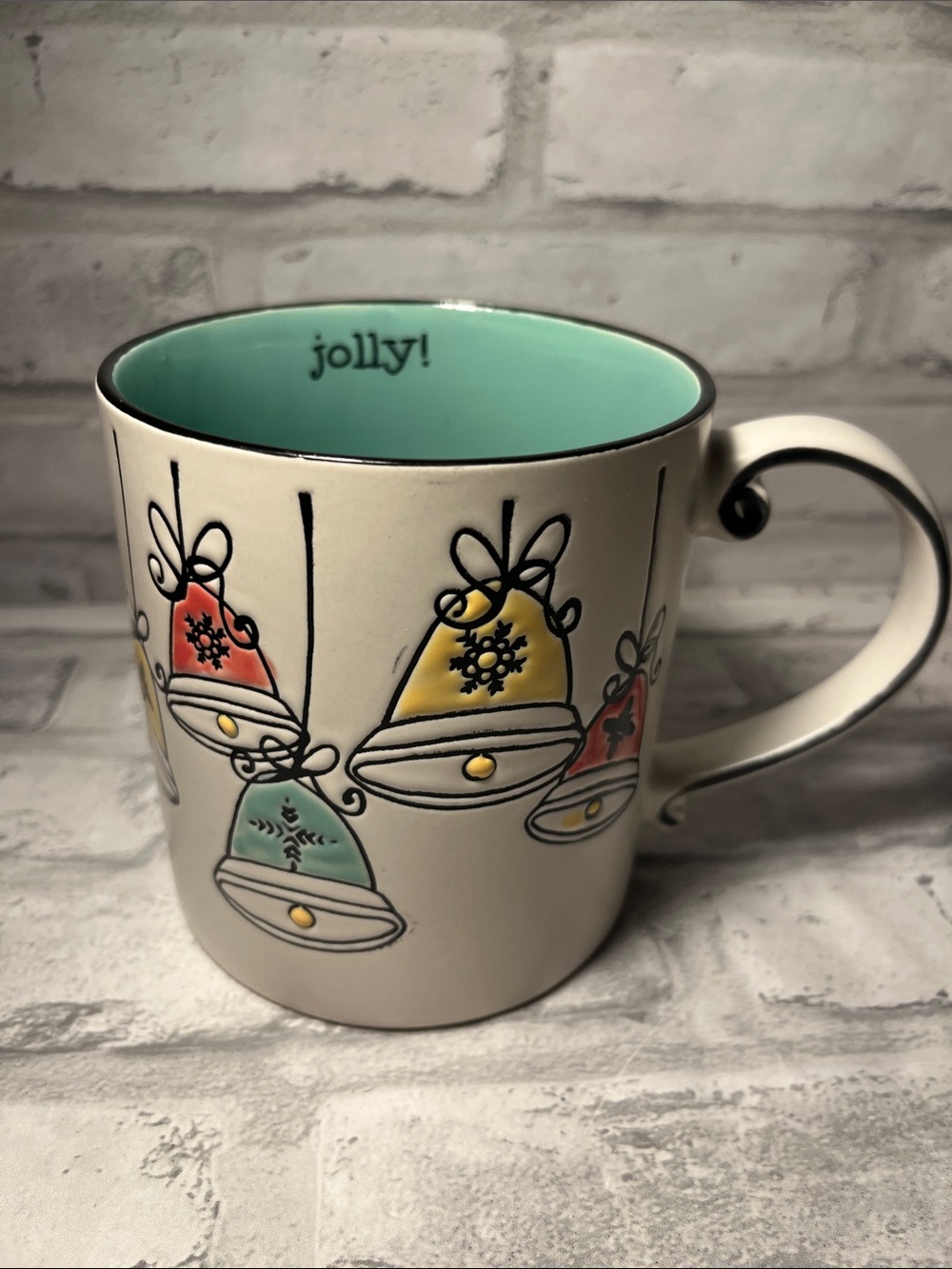 Spectrum Designz Ceramic Holiday Bell 20 oz coffee Mug in Cream and Aqua